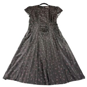Cotélac Midi Dress Black Pink White Face Print‎ Ruffle Accents Cap Sleeve Party